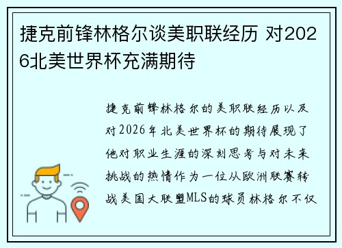 捷克前锋林格尔谈美职联经历 对2026北美世界杯充满期待